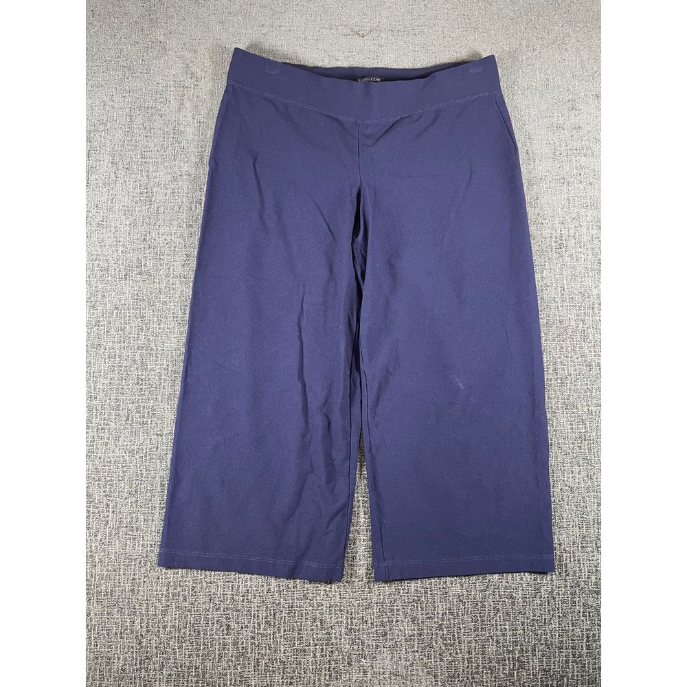 Eileen Fisher Petite PL Navy Blue Wide Leg Cropped Pants Stretch Jersey Pull On